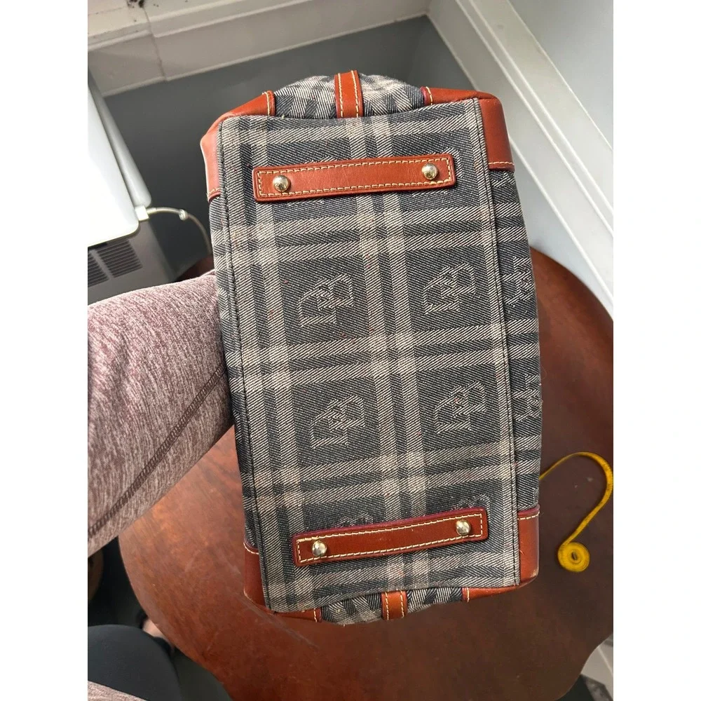 Dooney & Bourke Monogram Plaid Satchel Bag Leather Trim Cognac Gray